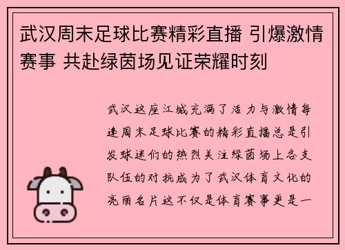 武汉周末足球比赛精彩直播 引爆激情赛事 共赴绿茵场见证荣耀时刻